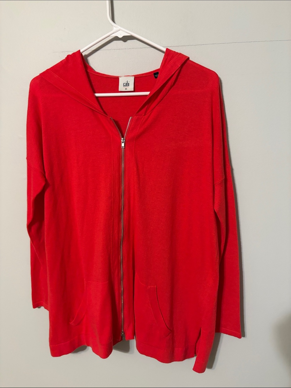 CAbi Vibrant Red Hooded Zip Cardigan. XS. Cotton/acrylic.